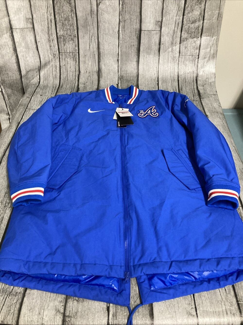 NWT Mens Nike Atlanta Braves City Connect Long Dugout Jacket Large Blue Full Zip